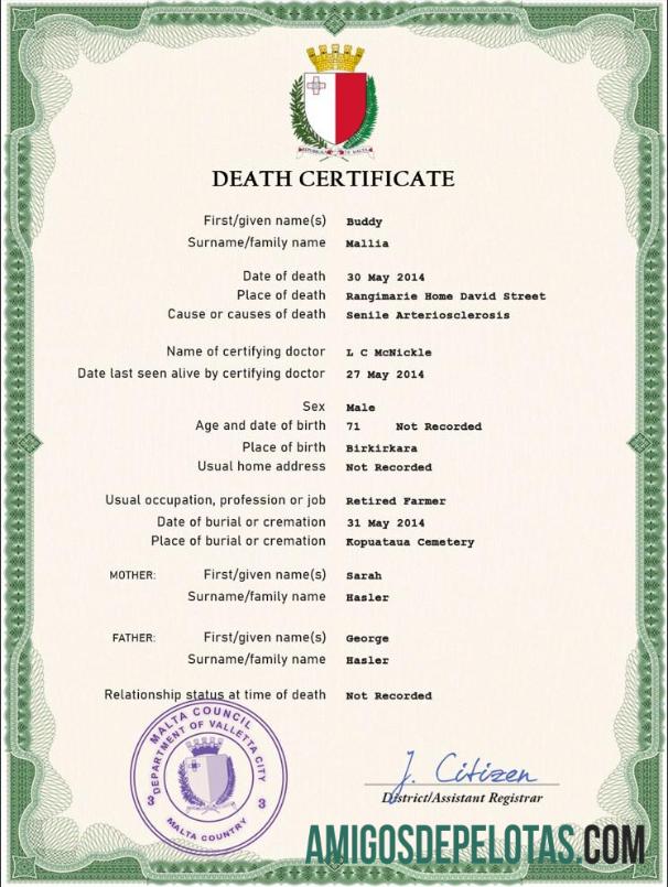 Em branco modelo PSD de certidão de óbito de registro vital de Malta