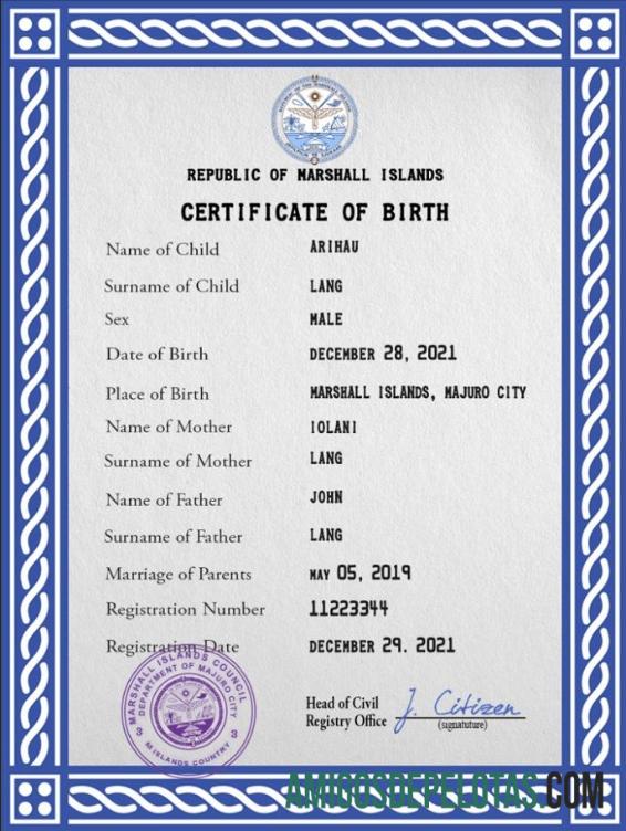 para download Modelo PSD de certidão de nascimento de registro vital das Ilhas Marshall