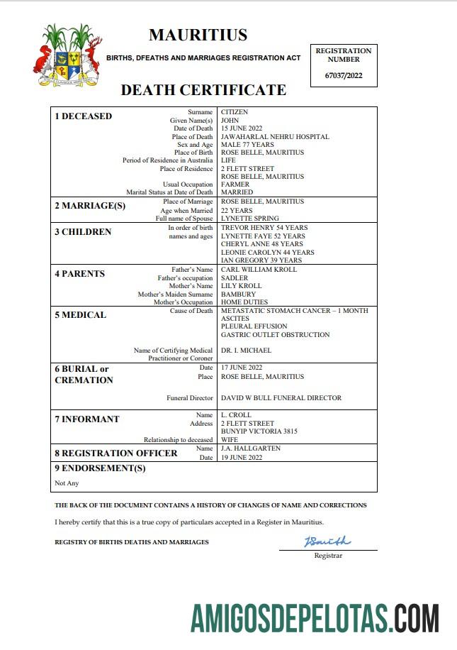 para download Modelo Word e PDF de certidão de óbito de Maurício, totalmente editável