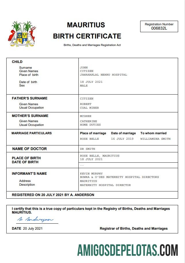 para download Modelo Word e PDF de certidão de nascimento de registro vital de Maurício