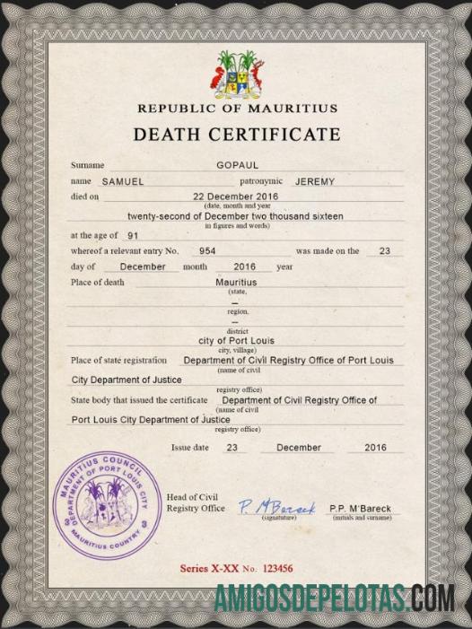 realista Modelo PSD de certidão de óbito de registro vital de Maurício