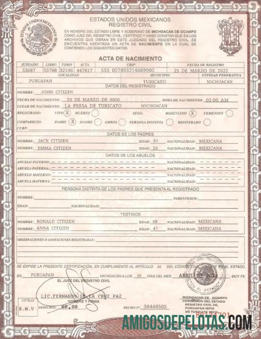 para download Modelo de certidão de nascimento do México em formato PSD