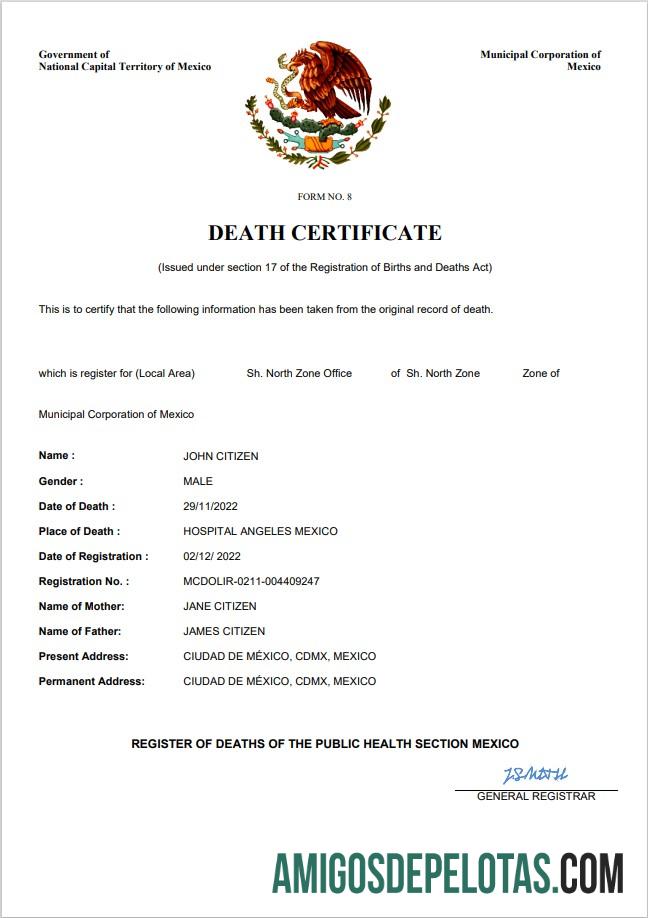 para download Modelo Word e PDF de certidão de óbito de registro vital do México