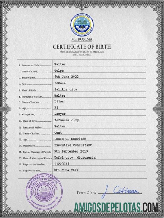 para download Modelo PSD de certidão de nascimento da Micronésia