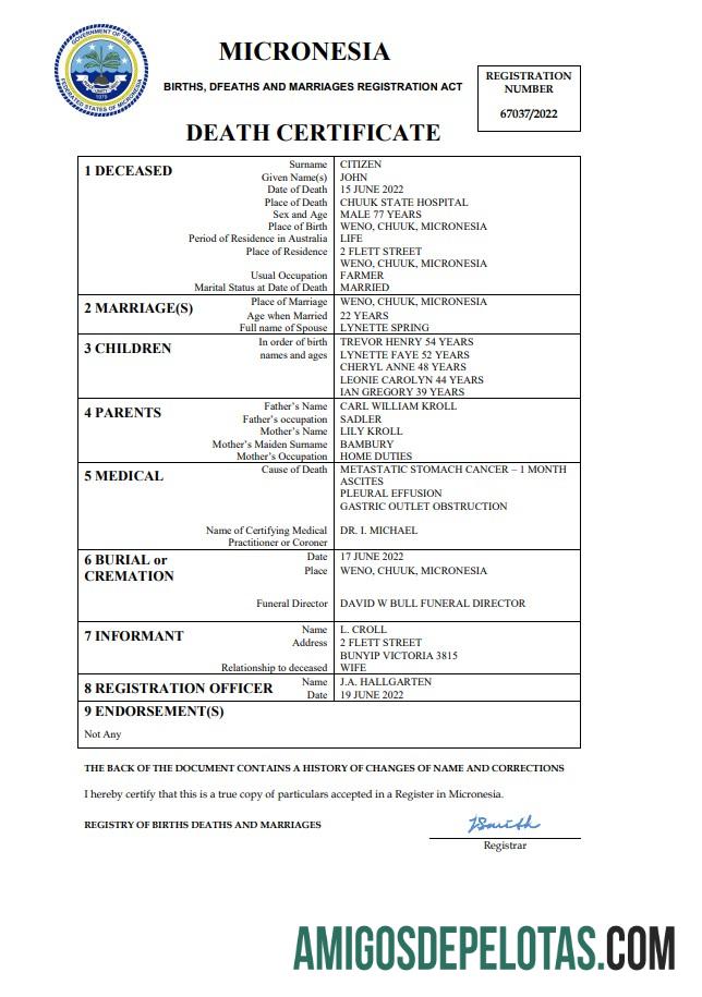 Em branco modelo Word e PDF de certidão de óbito de registro vital da Micronésia