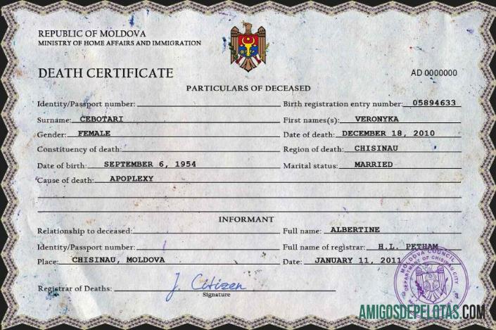 Em branco modelo PSD de certidão de óbito de registro vital da Moldávia