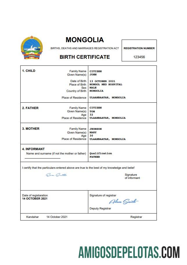 para download Modelo Word e PDF de certidão de nascimento da Mongólia