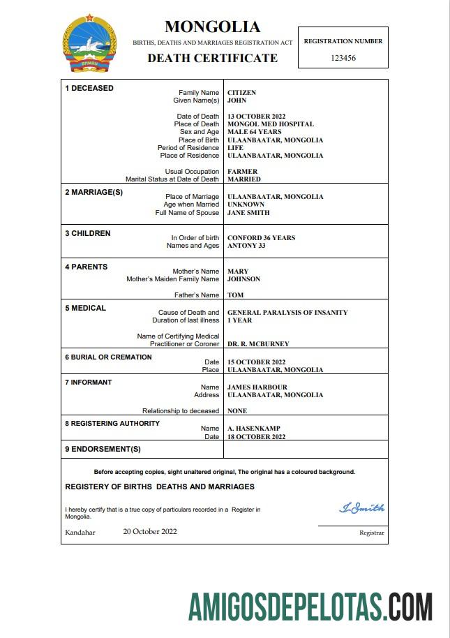 para download Modelo Word e PDF de certidão de óbito de registro vital da Mongólia
