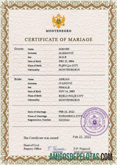Imprimível modelo PSD de certidão de casamento de Montenegro