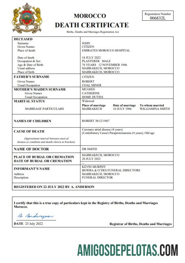 para download Modelo Word e PDF de certidão de óbito de registro vital de Marrocos