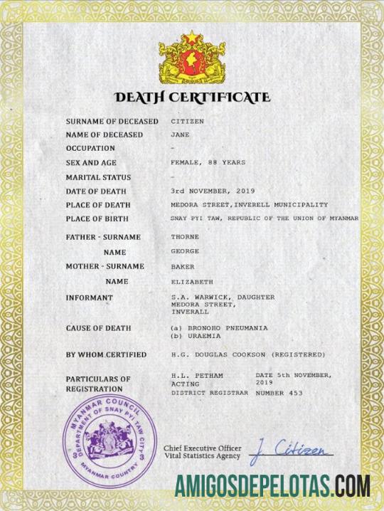 Em branco modelo PSD de certidão de óbito de Mianmar