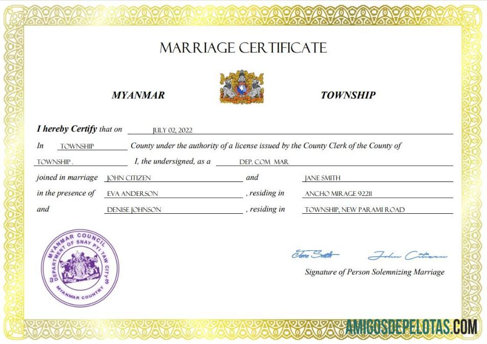 para download Modelo Word e PDF de certidão de casamento em Mianmar