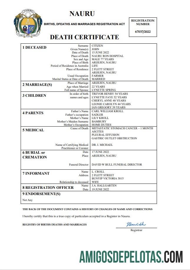 para download Modelo Word e PDF de certidão de óbito de Nauru