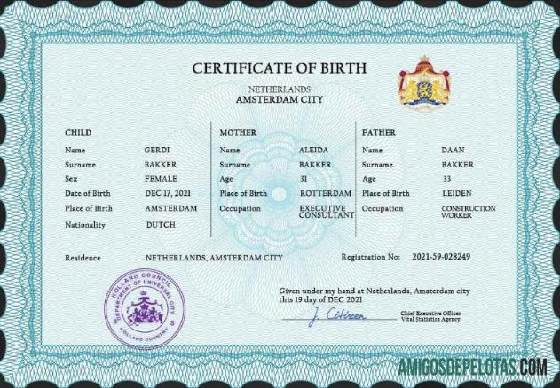 Em branco modelo PSD de certidão de nascimento de registro vital holandês