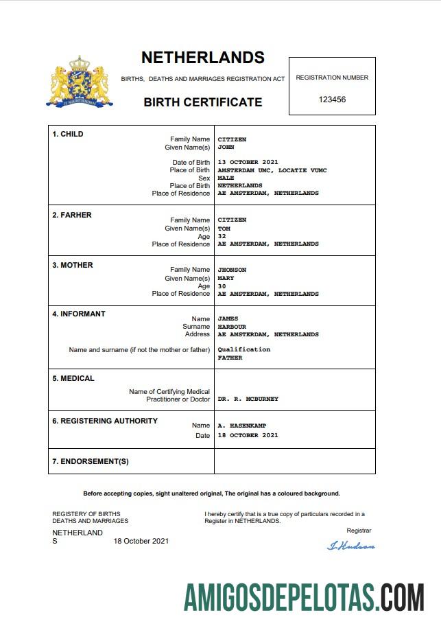 para download Modelo Word e PDF de certidão de nascimento de registro vital da Holanda
