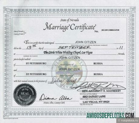 Certidão de casamento de Clark do condado de Nevada exemplo real