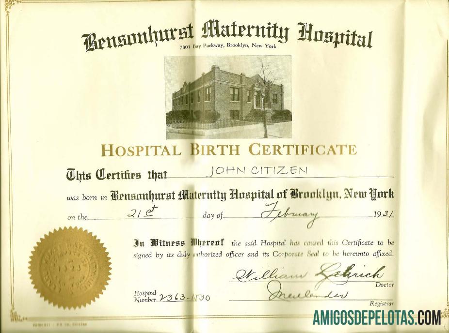 Certidão de nascimento do Hospital Maternidade Bensonhurst de Nova York modelo