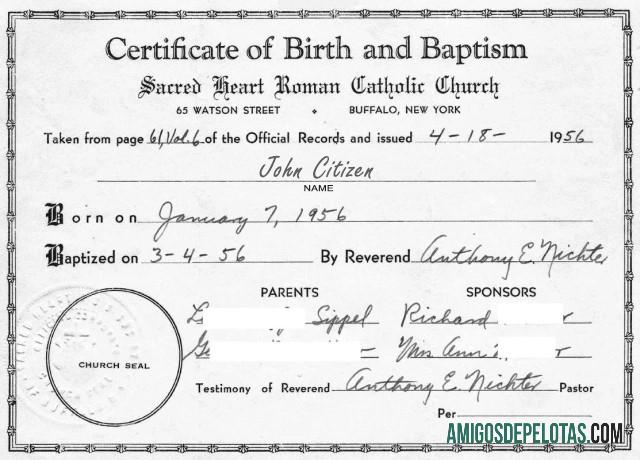 Certidão de nascimento da Igreja Católica Romana de Nova York exemplo real