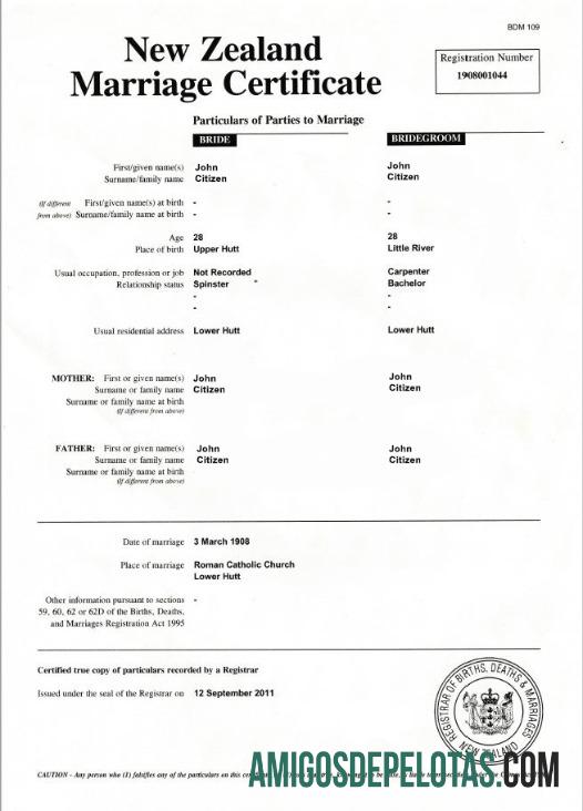 Certidão de Casamento do Registrador de Nascimentos, Óbitos e Casamentos da Nova Zelândia exemplo real