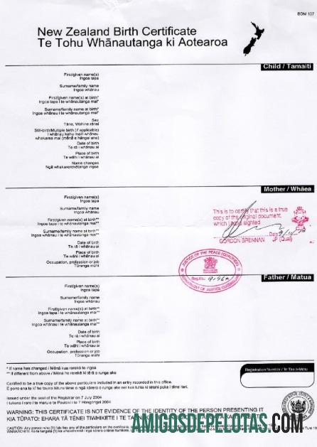 Certidão de Nascimento do Cartório de Registro da Nova Zelândia exemplo