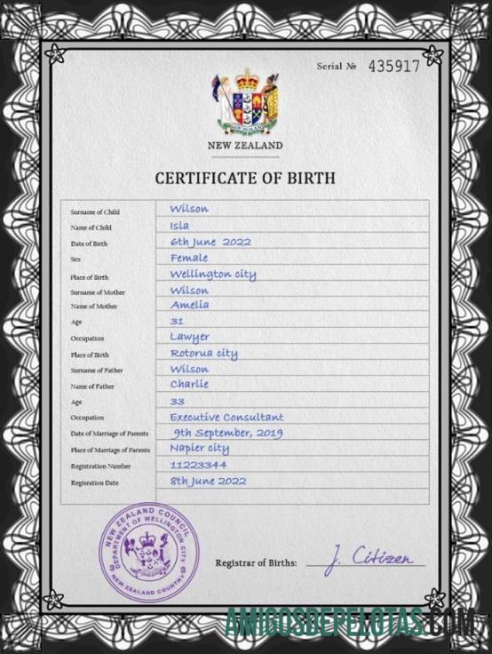 realista Modelo PSD de certidão de nascimento da Nova Zelândia