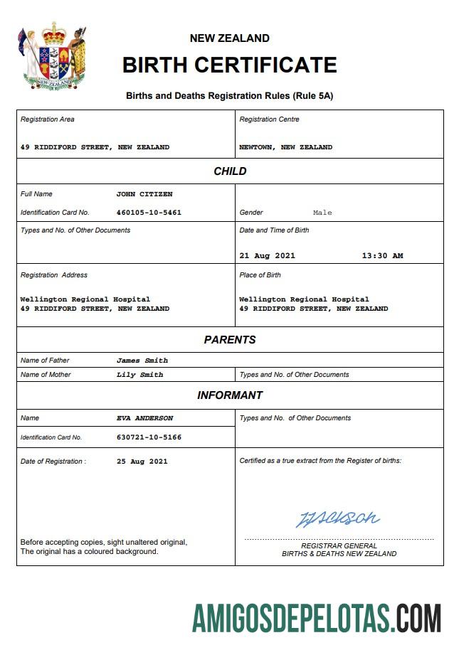 Em branco modelo Word e PDF de certidão de nascimento da Nova Zelândia