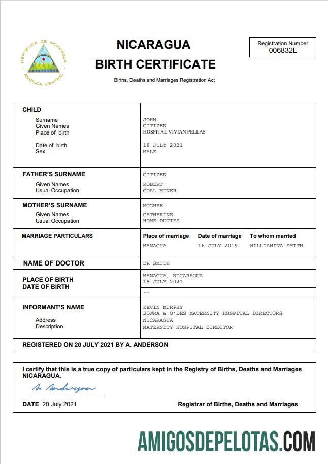 para download Modelo Word e PDF de certidão de nascimento de registro vital da Nicarágua
