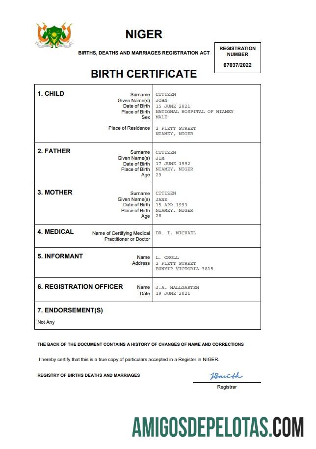 para download Modelo Word e PDF de certidão de nascimento do Níger