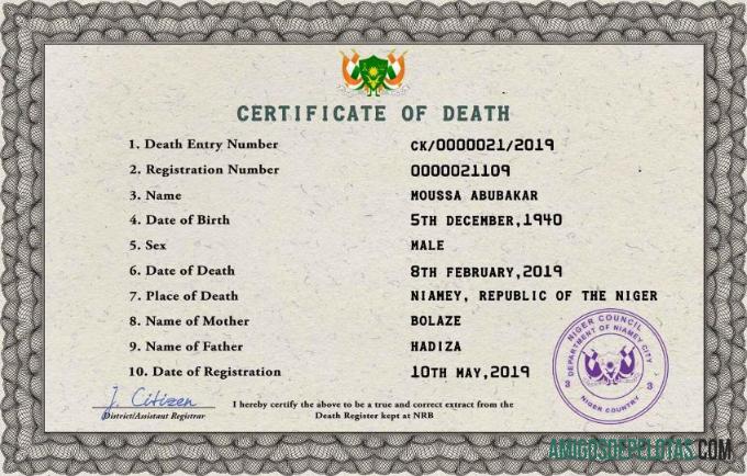 Imprimível modelo PSD de certidão de óbito do Níger