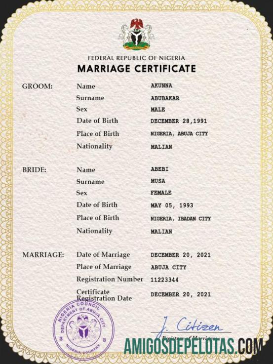 Imprimível modelo PSD de certidão de casamento na Nigéria