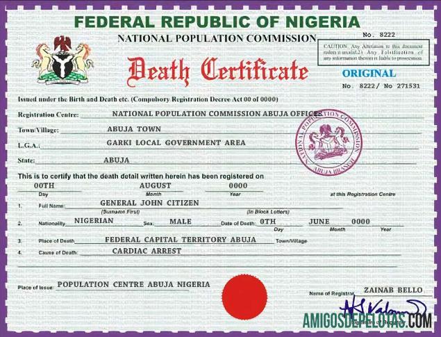 realista Modelo PSD de certidão de óbito de registro vital da Nigéria, versão 2