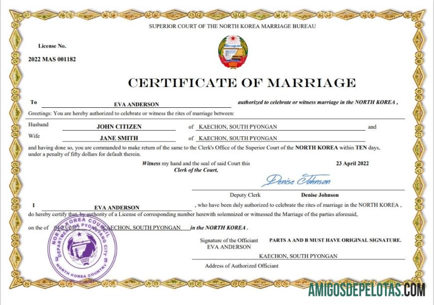 Imprimível modelo Word e PDF de certidão de casamento da Coreia do Norte