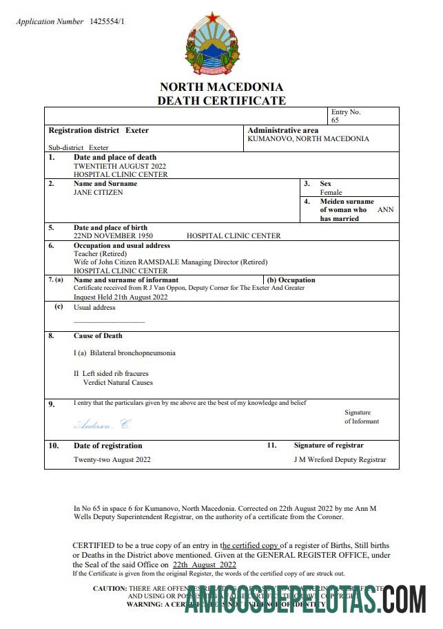 para download Modelo Word e PDF de certidão de óbito da Macedônia do Norte