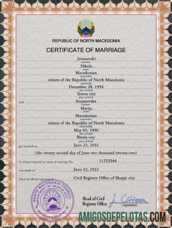 Em branco modelo PSD de certidão de casamento da Macedônia do Norte