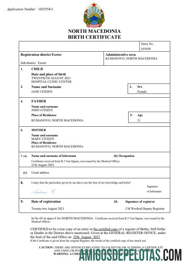 Em branco modelo Word e PDF de certidão de nascimento de registro vital da Macedônia do Norte