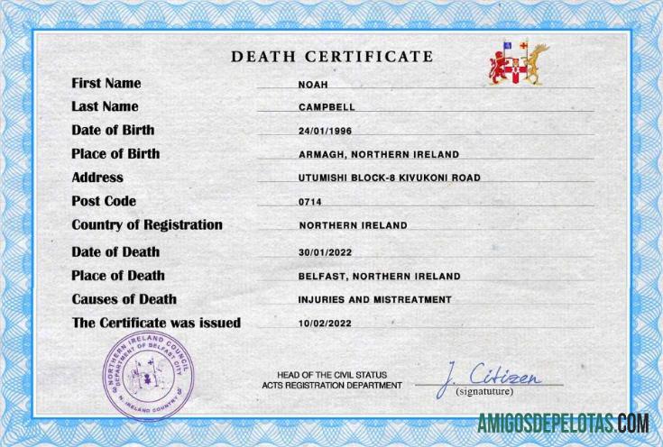 para download Modelo PSD de certidão de óbito da Irlanda do Norte