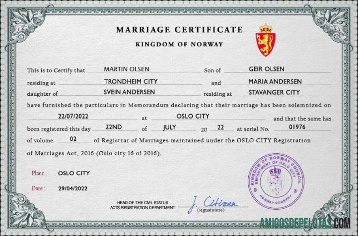 para download Modelo PSD de certidão de casamento na Noruega