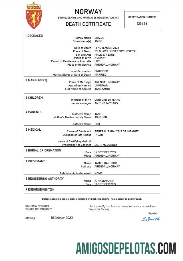 Imprimível modelo Word e PDF de certidão de óbito de registro vital da Noruega