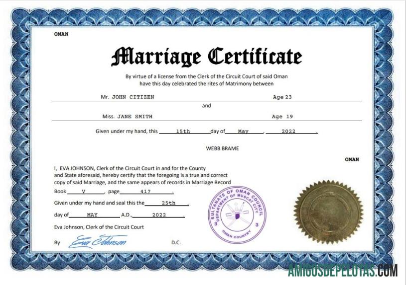 Imprimível modelo Word e PDF de certidão de casamento de Omã