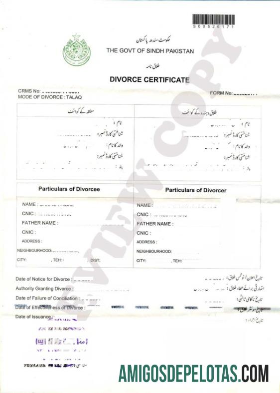 Certificado de divórcio do governo do Paquistão de Sindh Paquistão exemplo