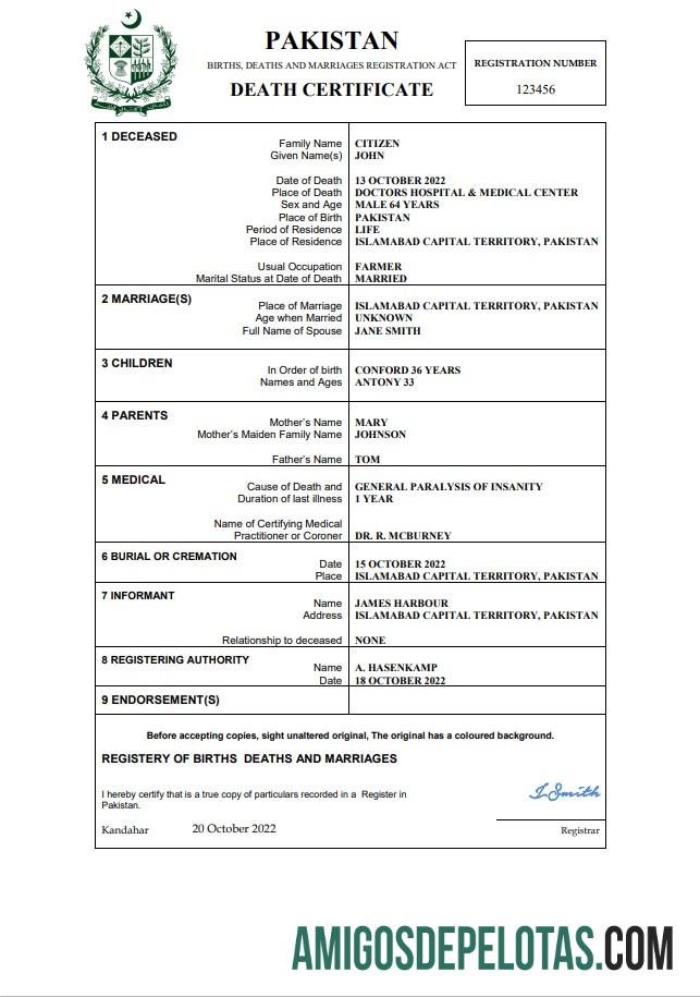 Imprimível modelo Word e PDF de certidão de óbito do Paquistão