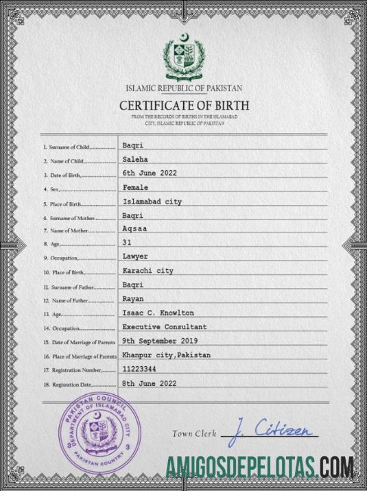 para download Modelo PSD de certidão de nascimento de registro vital do Paquistão