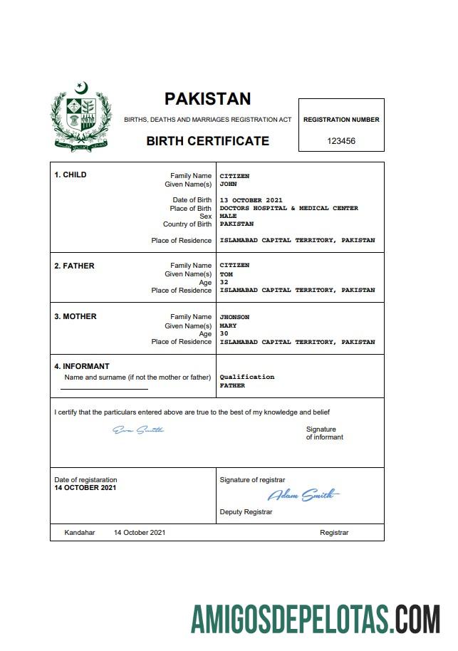 Em branco modelo Word e PDF de certidão de nascimento de registro vital do Paquistão, totalmente editável