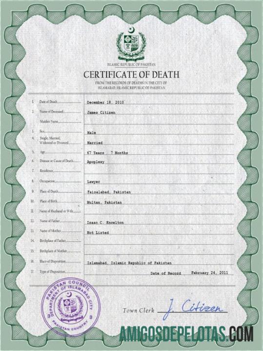 realista Modelo PSD de certidão de óbito de registro vital do Paquistão