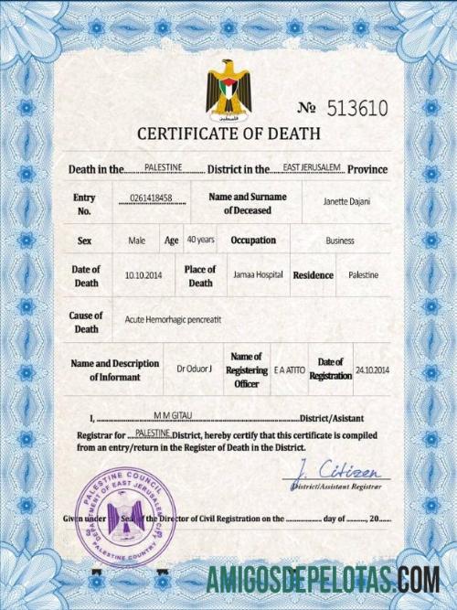 para download Modelo PSD de certidão de óbito de registro vital da Palestina