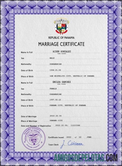 realista Modelo PSD de certidão de casamento do Panamá
