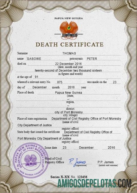 Imprimível modelo PSD de certidão de óbito de Papua Nova Guiné
