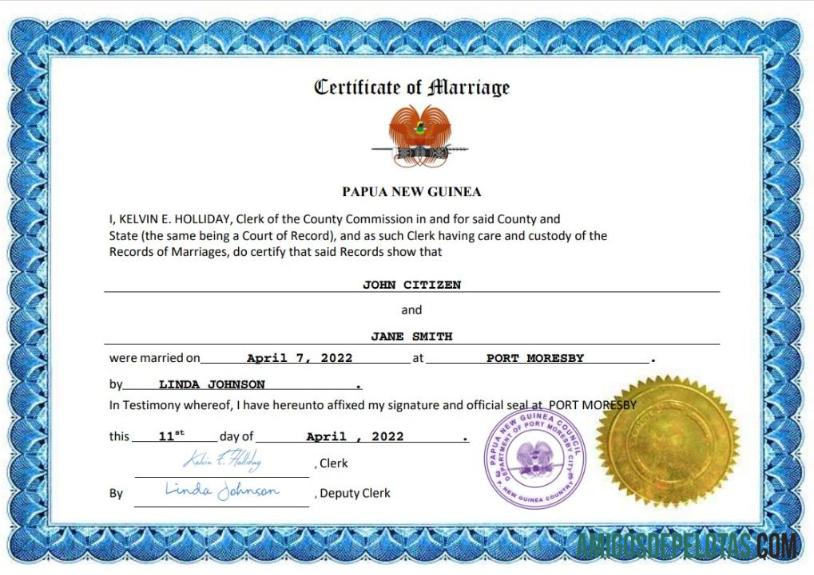 Em branco modelo Word e PDF de certidão de casamento de Papua Nova Guiné