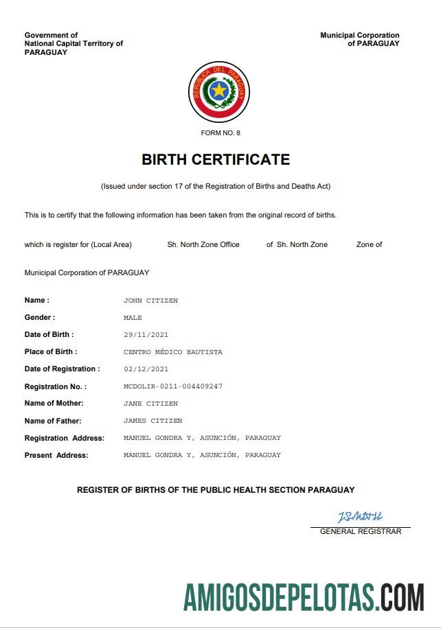 Em branco modelo Word e PDF de certidão de nascimento do Paraguai