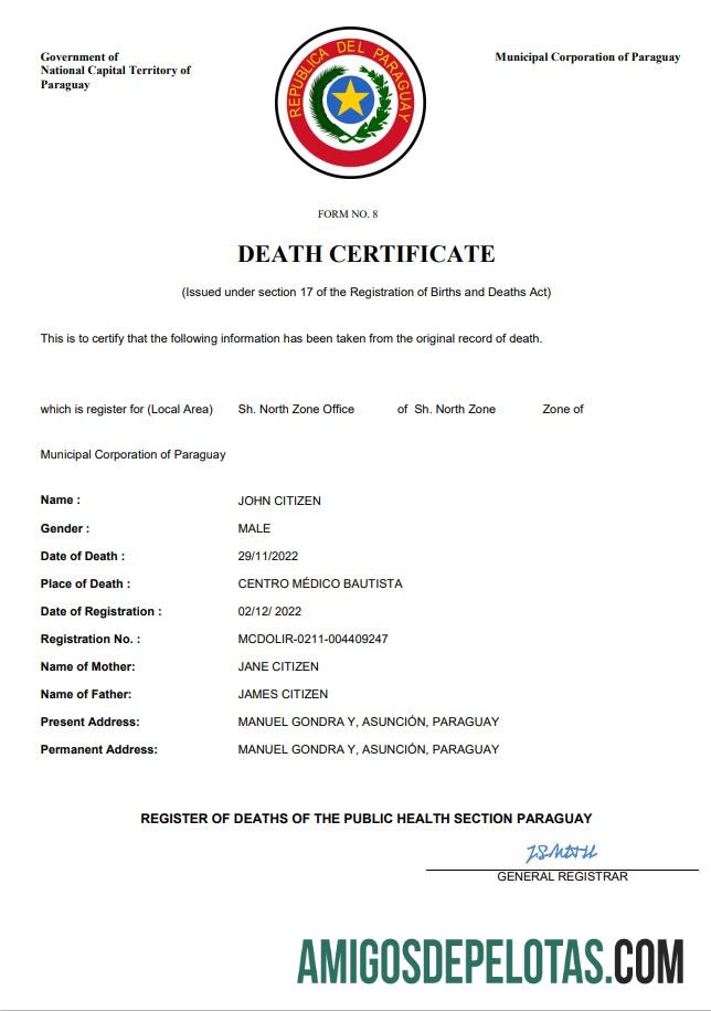 para download Modelo Word e PDF de certidão de óbito do Paraguai